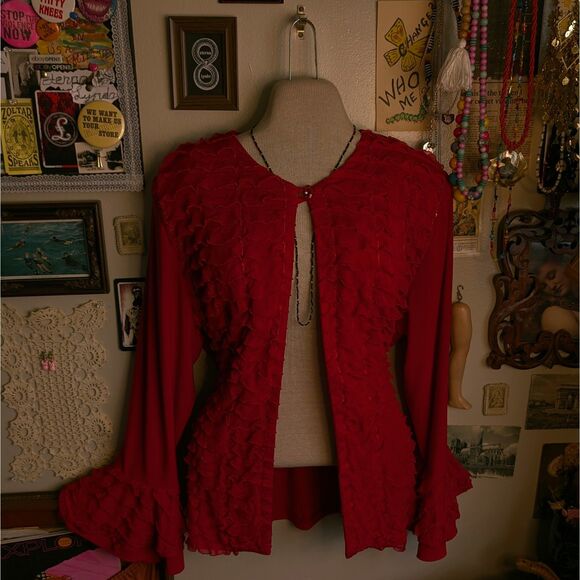 Vintage Ruffled Cardigan Women's Medium/Large Red Sparkly Flare Bell Sleeve - Picture 1 of 8